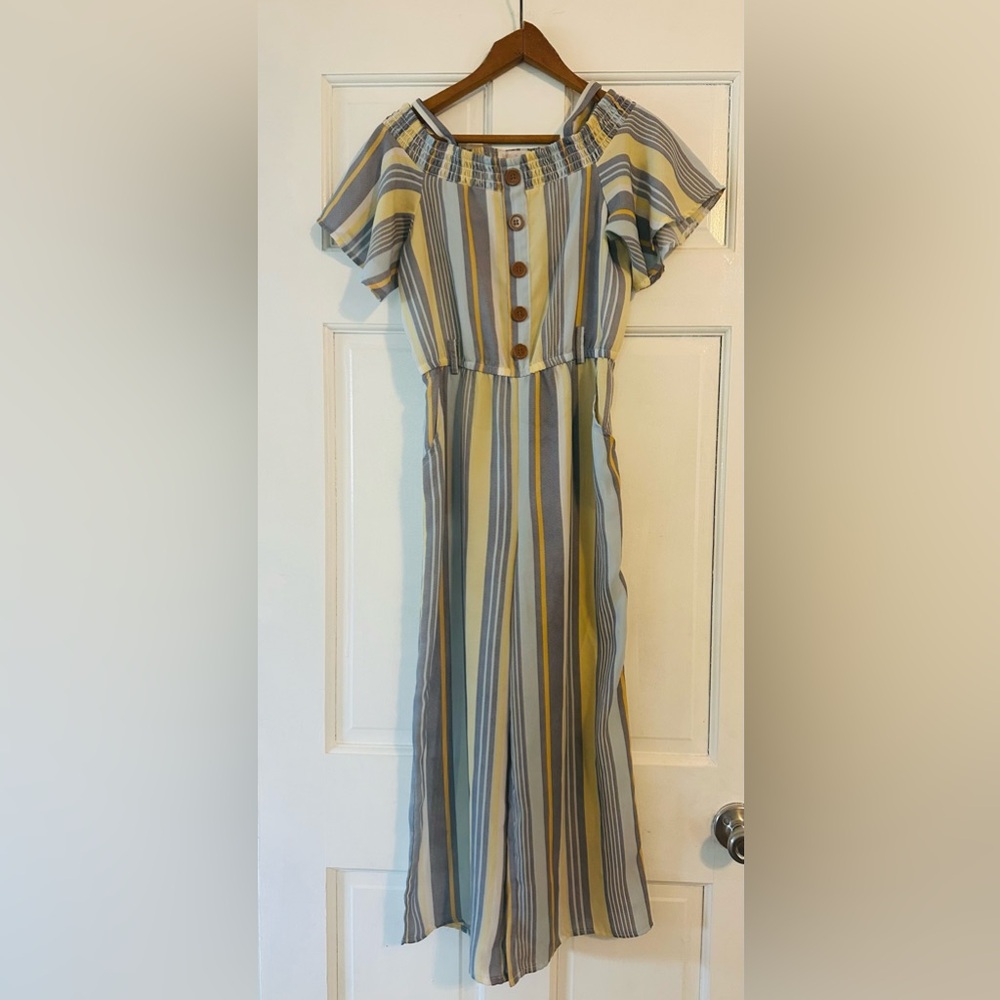 Kensie Blue and Yellow Ruffled Smocked Jumpsuit, Girls Size 14
